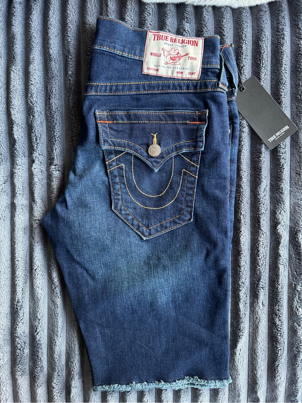 True Religion Indigo Denim Cutoff Shorts with Signature Pocket